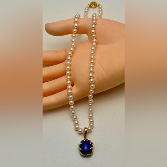 Stunning Large 14K Lapis & Diamond Pendant With Snap Close Bale Pearl Necklace - Picture 10 of 11